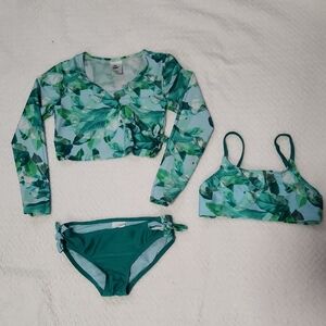 art class Green Leaf Print Kids Swim Rashguard Set